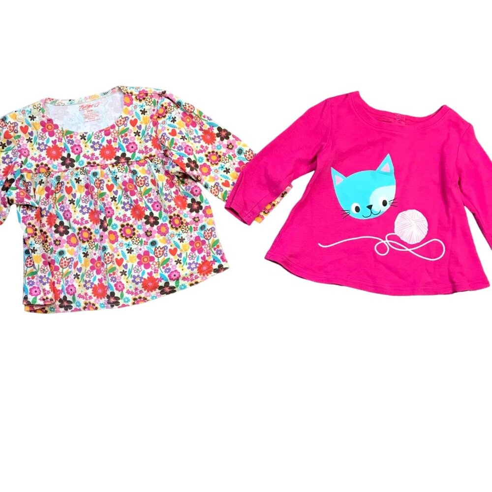 Zutano Long Sleeve Knit Shirts Floral Pink Cat 100% Cotton Baby‎ Girls 12M & 24M